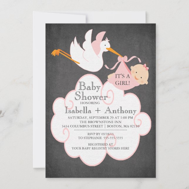 Stork Chalkboard GIRL Baby Shower Invitatation Invitation (Front)
