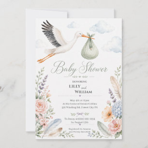 Stork Clouds Baby Shower Vintage Invitation