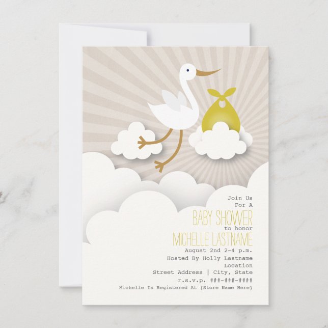 Stork + Clouds Baby Shower - Yellow Invitation (Front)