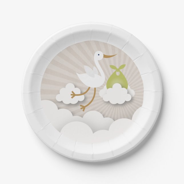 Stork + Clouds With Green Bundle Baby Shower Paper Plate (Front)