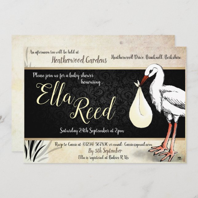 Stork Cream Baby Shower Invitations (Front/Back)