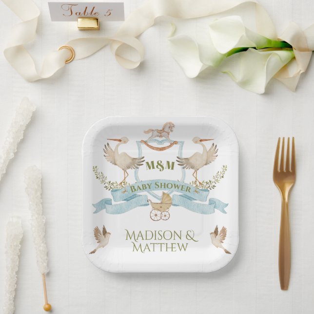 Stork Crest Watercolor Baby Boy Shower Paper Plate (Wedding)