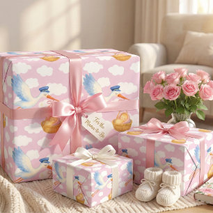 Stork Delivery Baby Girl Wrapping Paper Cute Pink