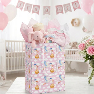 Stork Delivery Baby Girl Wrapping Paper Cute Pink Medium Gift Bag
