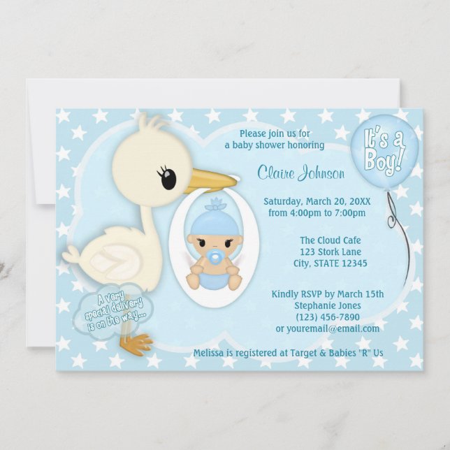 Stork Delivery baby shower invitation BOY BLUE 2A (Front)