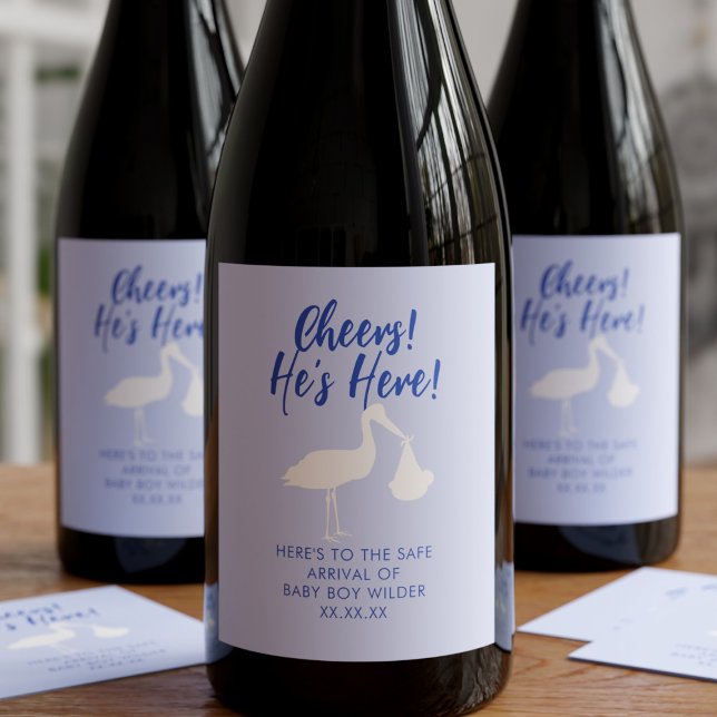 Stork Delivery Cheers Baby Boy Wine Label (Cheers! He's Here! A lovely way to celebrate the arrival of your little one. Just add your details)