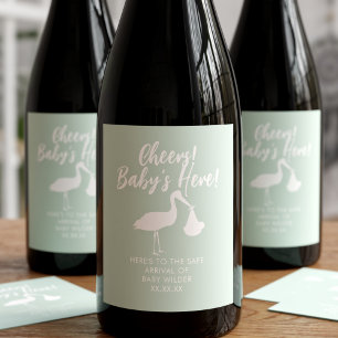 Stork Delivery Cheers Sage Green Gender Neutral Wine Label