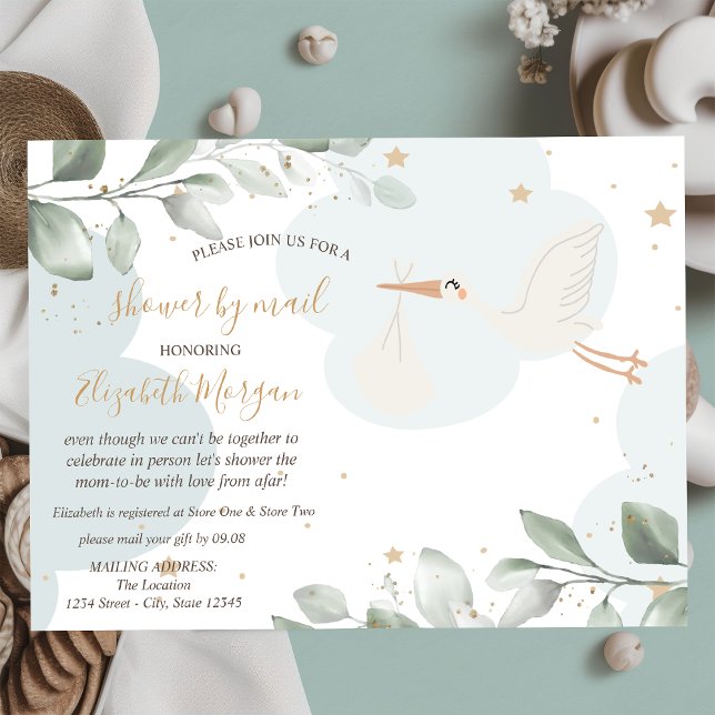 Stork Delivery,Clouds,Stars,Baby Shower By Mail Invitation (Creator Uploaded)