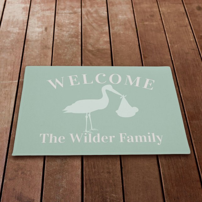 Stork Delivery New Baby Sage Green Welcome Doormat (Sage Green Welcome Doormat with space for your family name)
