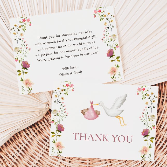 Stork Delivery Pink Floral Garden Girl Baby Shower Thank You Card (Creator Uploaded)