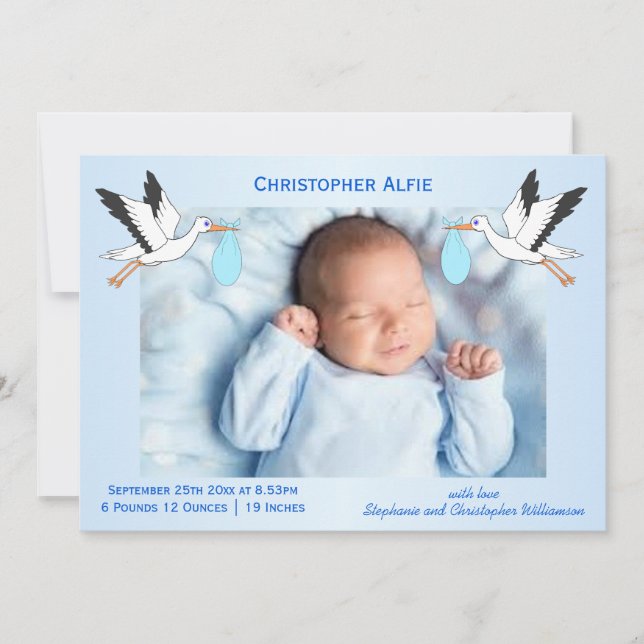 Stork Design Baby Boy Birth Announcement (Front)