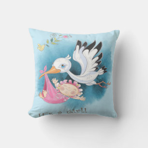 Stork Flies With Baby Girl Gift For Baby Cushion