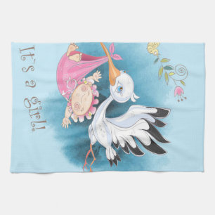 Stork Flies With Baby Girl   Gift For Baby Tea Towel