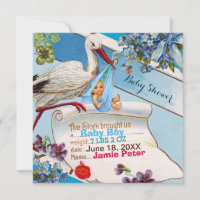 STORK,FLOWERS BOY BABY SHOWER BIRTH STATS