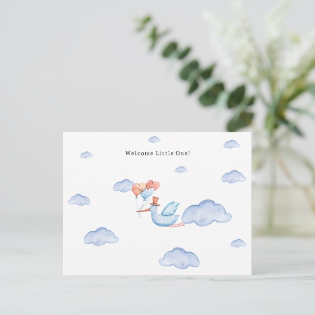 Stork Flying Through The Clouds Welcome New Baby Postcard (Standing Front)