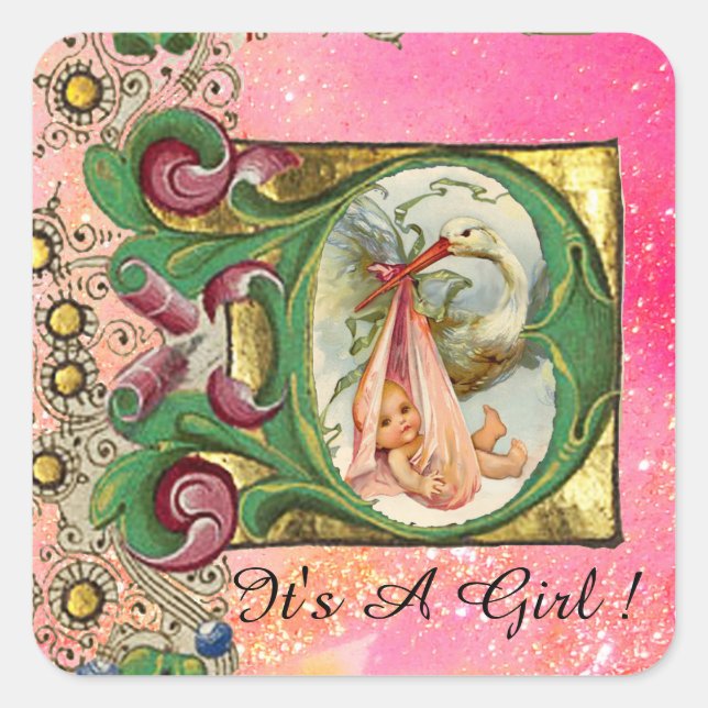 STORK GIRL BABY SHOWER FLORAL PARCHMENT IN PINK SQUARE STICKER (Front)
