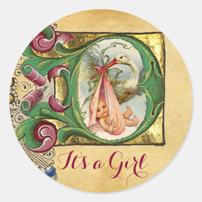 STORK GIRL BABY SHOWER FLORAL PARCHMENT MONOGRAM CLASSIC ROUND STICKER (Front)
