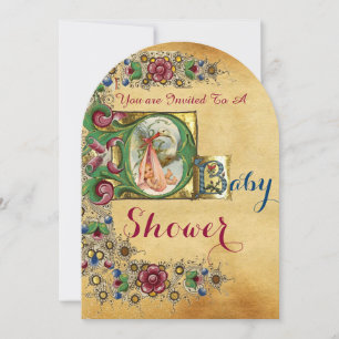 STORK GIRL BABY SHOWER FLORAL PARCHMENT MONOGRAM INVITATION