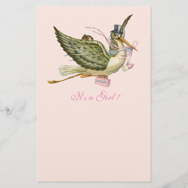 STORK GIRL BABY SHOWER Light Pink Stationery (Front)