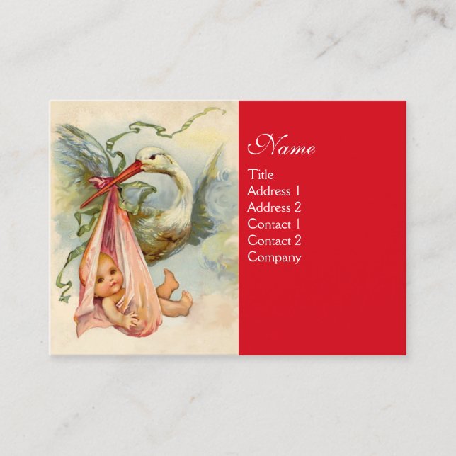 STORK GIRL BABY SHOWER Pink Red Business Card (Front)