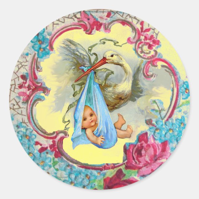 STORK GIRL BABY SHOWER PINK ROSES AND BLUE FLOWERS CLASSIC ROUND STICKER (Front)