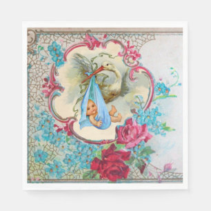 STORK GIRL BABY SHOWER PINK ROSES AND BLUE FLOWERS NAPKIN