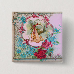 STORK GIRL BABY SHOWER /PINK ROSES BLUE FLOWERS 15 CM SQUARE BADGE
