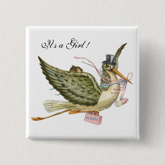 STORK GIRL BABY SHOWER ,White Pink 15 Cm Square Badge