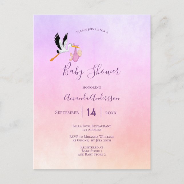 Stork girl pink purple rose gold baby shower postcard (Front)