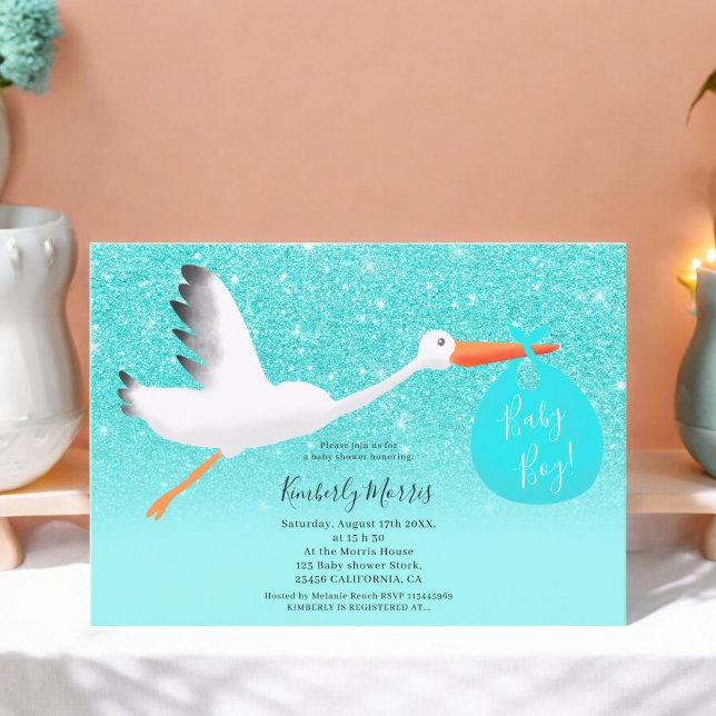 Stork glitter bag illustration baby boy shower invitation (Stork glitter bag illustration baby boy shower invitation)