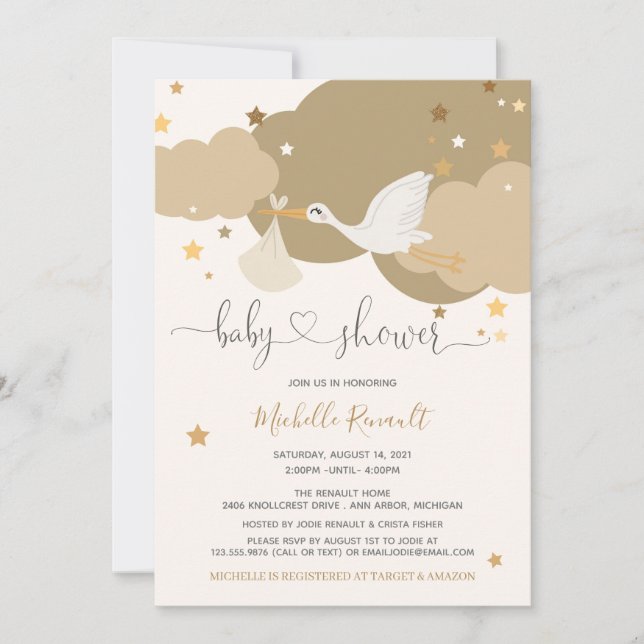 Stork Gold Gender Neutral Baby Shower Invitation (Front)