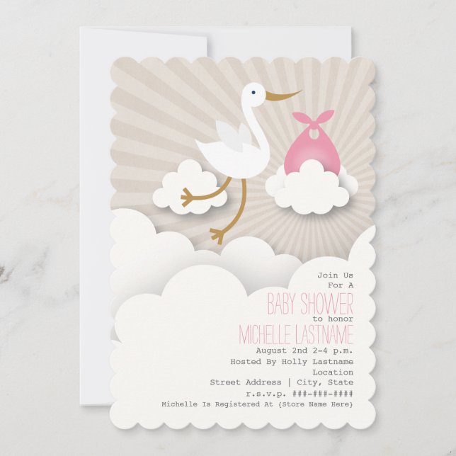Stork In The Clouds Baby Shower - Pink Invitation (Front)