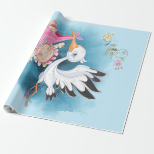 Stork Lovers Stork Flies Cute Baby Girl Gift Wrapping Paper