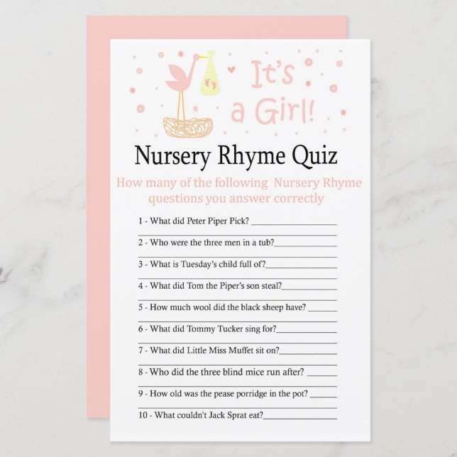 Stork nest Nursery Rhyme Quiz baby shower game (Front/Back)