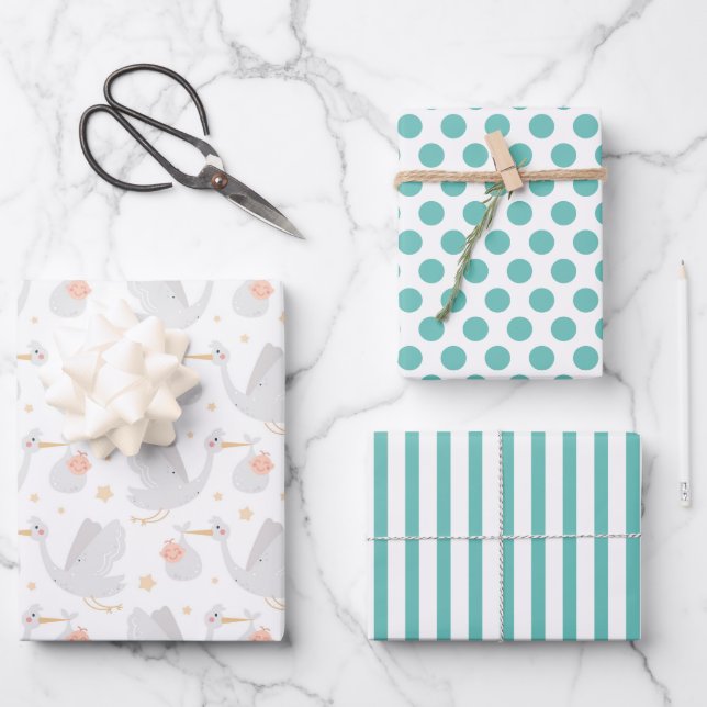 Stork New Baby Wrapping Paper Set of 3 (Front)