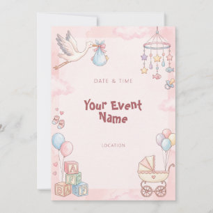 Stork Nursery Pink Watercolor Cloud Invitation