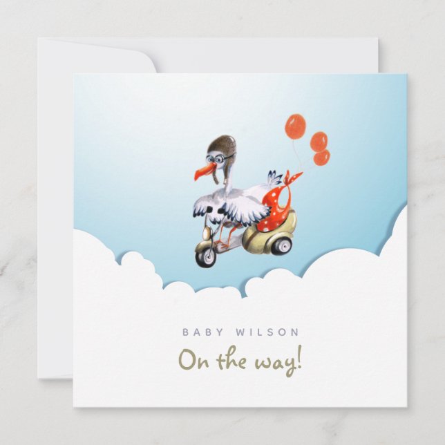 Stork on Scooter Funny Gender Neutral Pregnancy Announcement (Front)