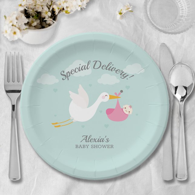 Stork Pink Girl Baby Bundle Baby Shower Paper Plate (Cute stork pink baby bundle girl baby shower paper plates)