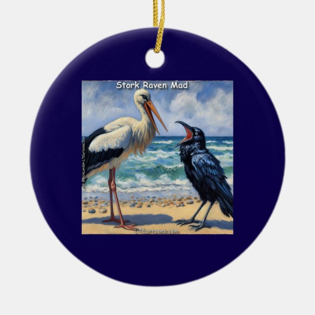 Stork Raven Mad – Beach Bird Banter Ceramic Tree Decoration (Front)