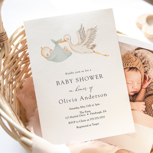 Stork Sage Green Baby Shower Invitation (Creator Uploaded)