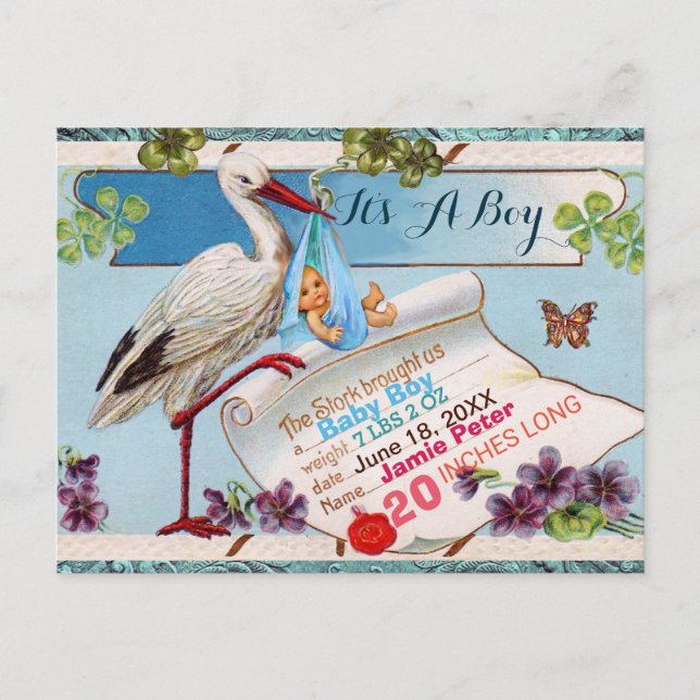 STORK,SHAMROCKS BOY BABY SHOWER BIRTH STATS INVITATION POSTCARD (Front)