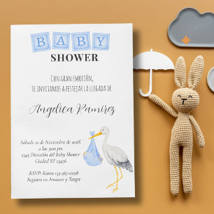 Stork Spanish Baby Shower Dusty Blue Qr Code Gift  Invitation