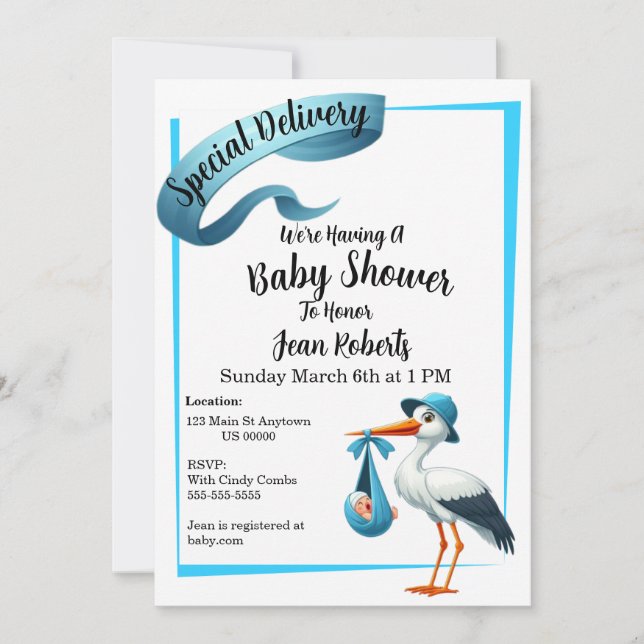 Stork Special Delivery Baby Shower Invitation (Front)