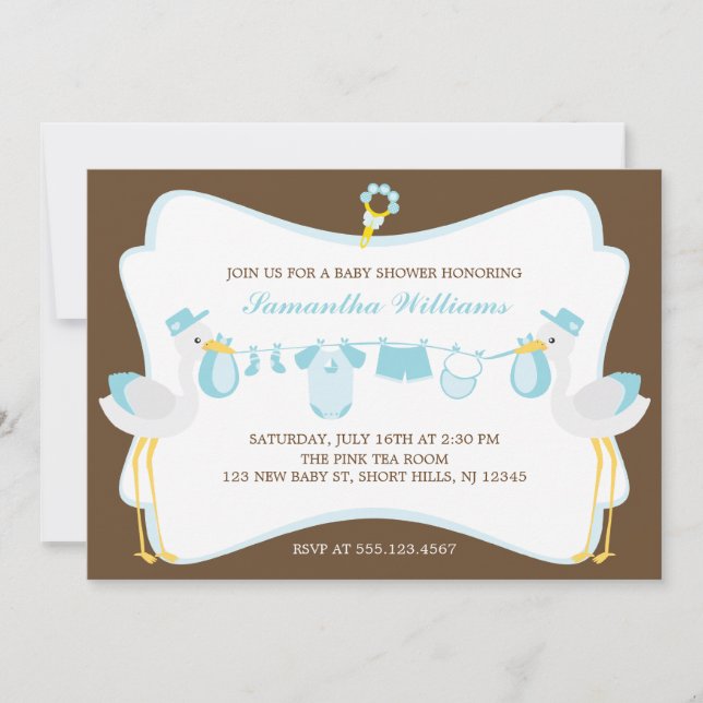 Stork Special Delivery Boy Baby Shower Invitation (Front)