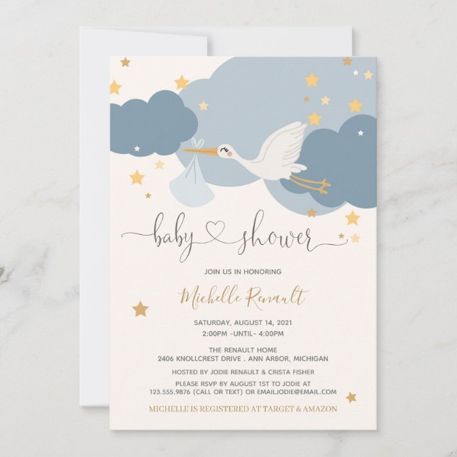 Stork Special Delivery Boy Baby Shower Invitation (Front)