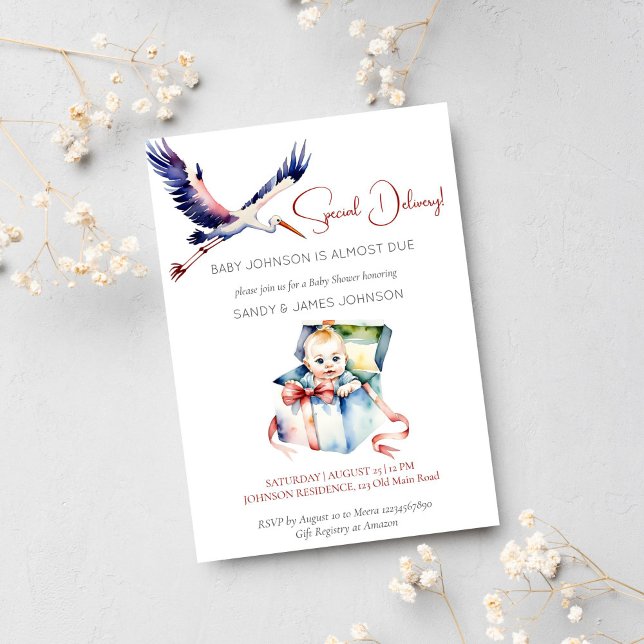 Stork special delivery funny baby shower invitation (Special delivery stork funny cute baby shower template invitation instant download baby in a box)
