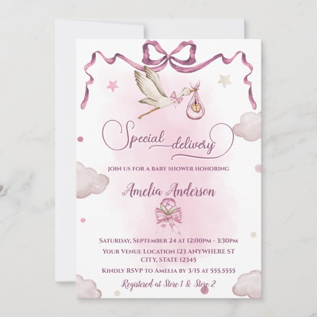 Stork Special Delivery Ribbon Bow Baby Shower Invitation (Front)