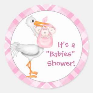 Stork & Triplet Girls Baby Shower Classic Round Sticker