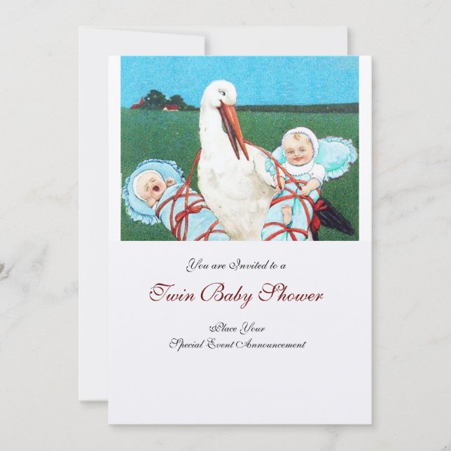 STORK TWIN BABY BOY SHOWER , champagne metallic Invitation (Front)