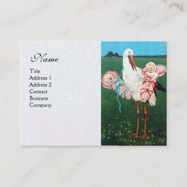 STORK TWIN BABY GIRL SHOWER , white pearl paper Business Card (Front)
